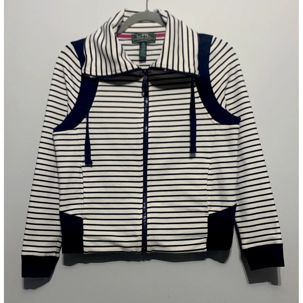 L-RL Lauren Active Ralph Lauren Women's Navy White Stripe Zip Jacket Size PM